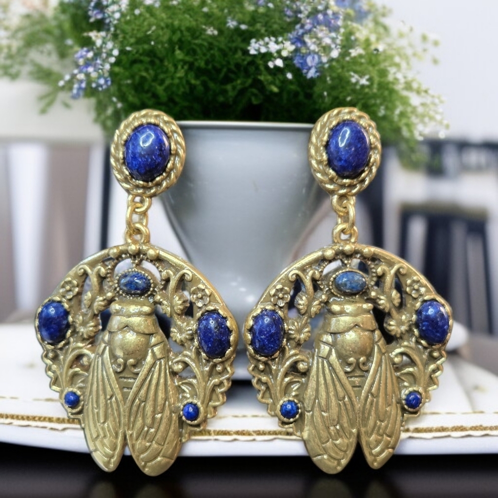 Chunky Antiqued Matte Gold Cicada Lapis Lazuli Dangle Earrings - Picture 5 of 5